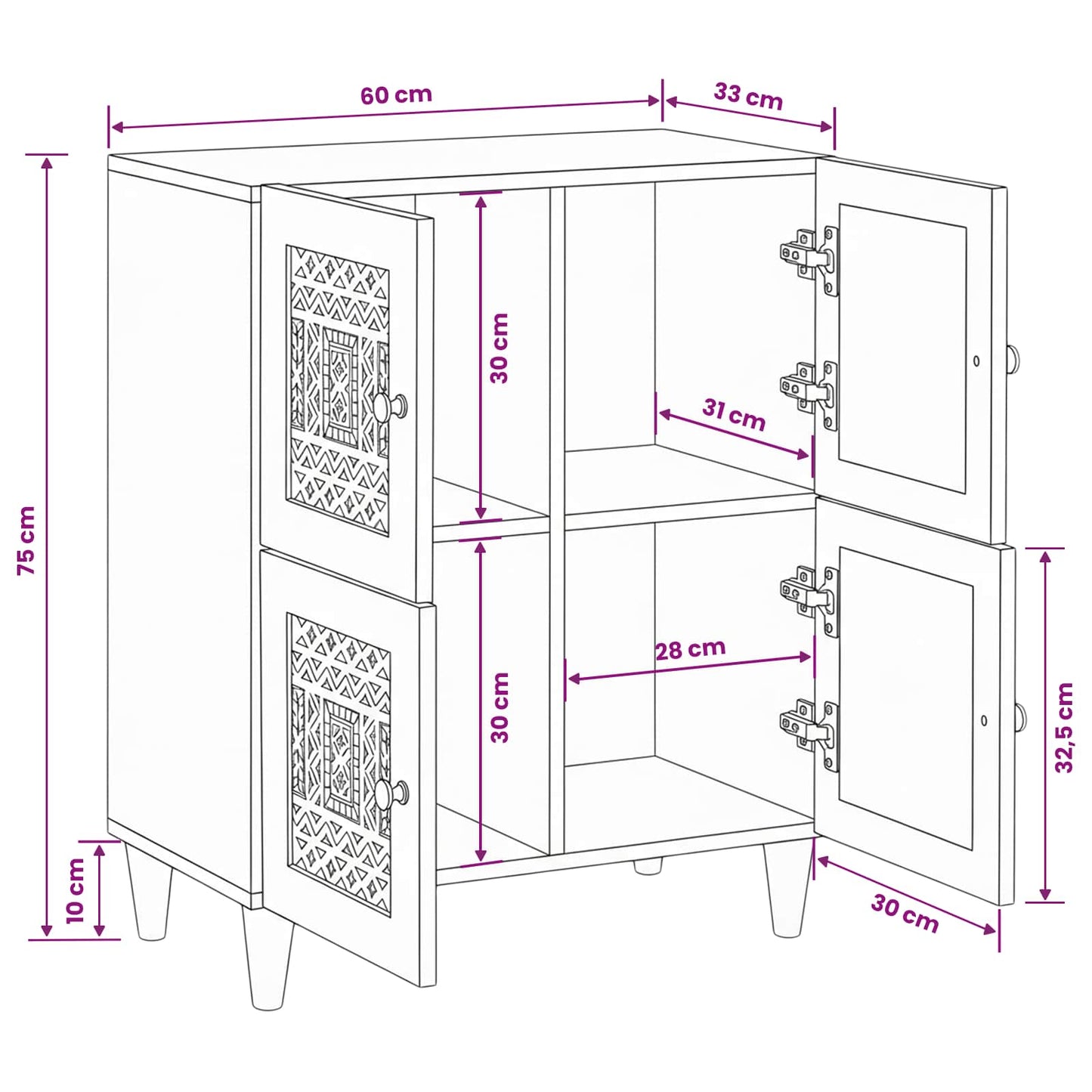 Sideboard Bleached White 60 x 33 x 75 cm Solid Mango Wood