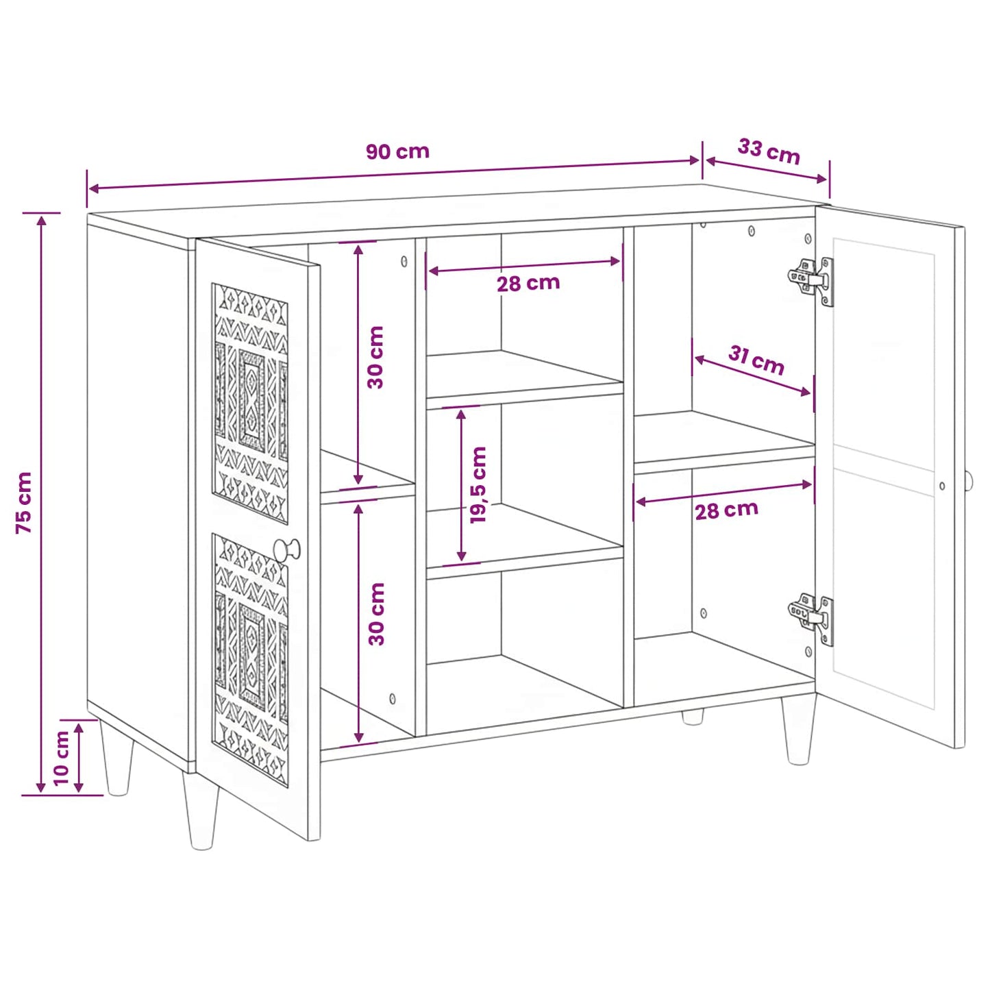 Sideboard Bleached White 90 x 33 x 75 cm Solid Mango Wood