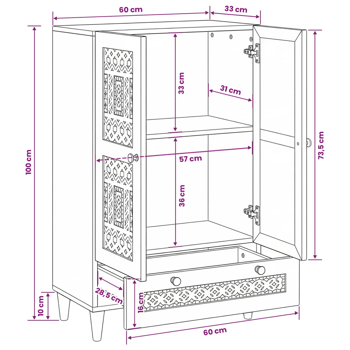 Highboard 60 x 33 x 100 cm Solid Mango Wood Bleached White