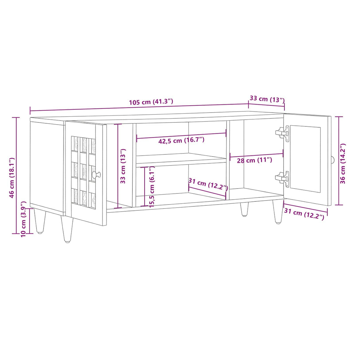 TV Cabinet with Shelf Natural 105 x 33 x 46 cm Solid Mango Wood