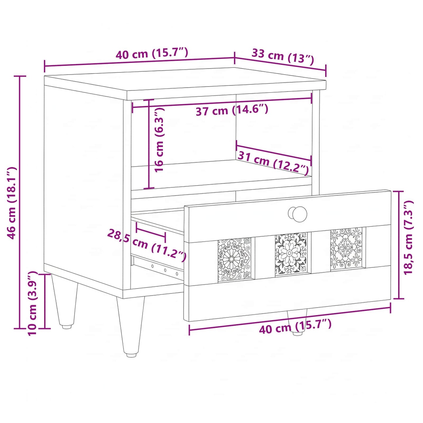 Bedside Cabinet Natural 40 x 33 x 46 cm Solid Mango Wood