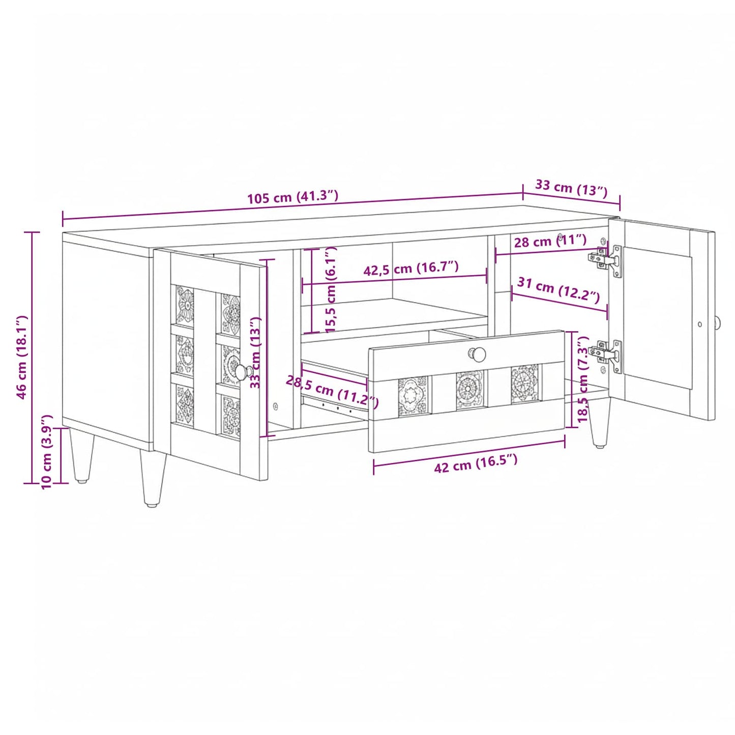TV Cabinet Natural 105 x 33.5 x 46 cm Solid Mango Wood
