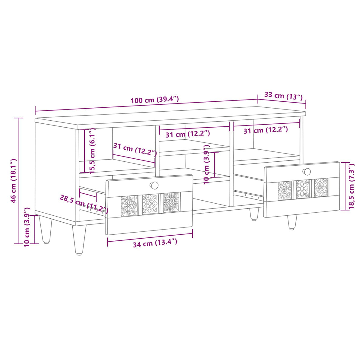 TV Cabinet with Shelf Natural 100 x 33 x 46 cm Solid Mango Wood