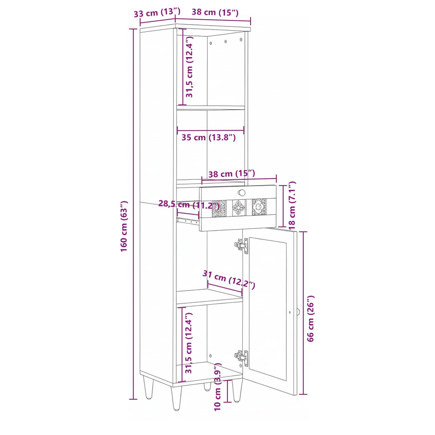 Bathroom Cabinet Natural 38 x 33 x 160 cm Solid Mango Wood