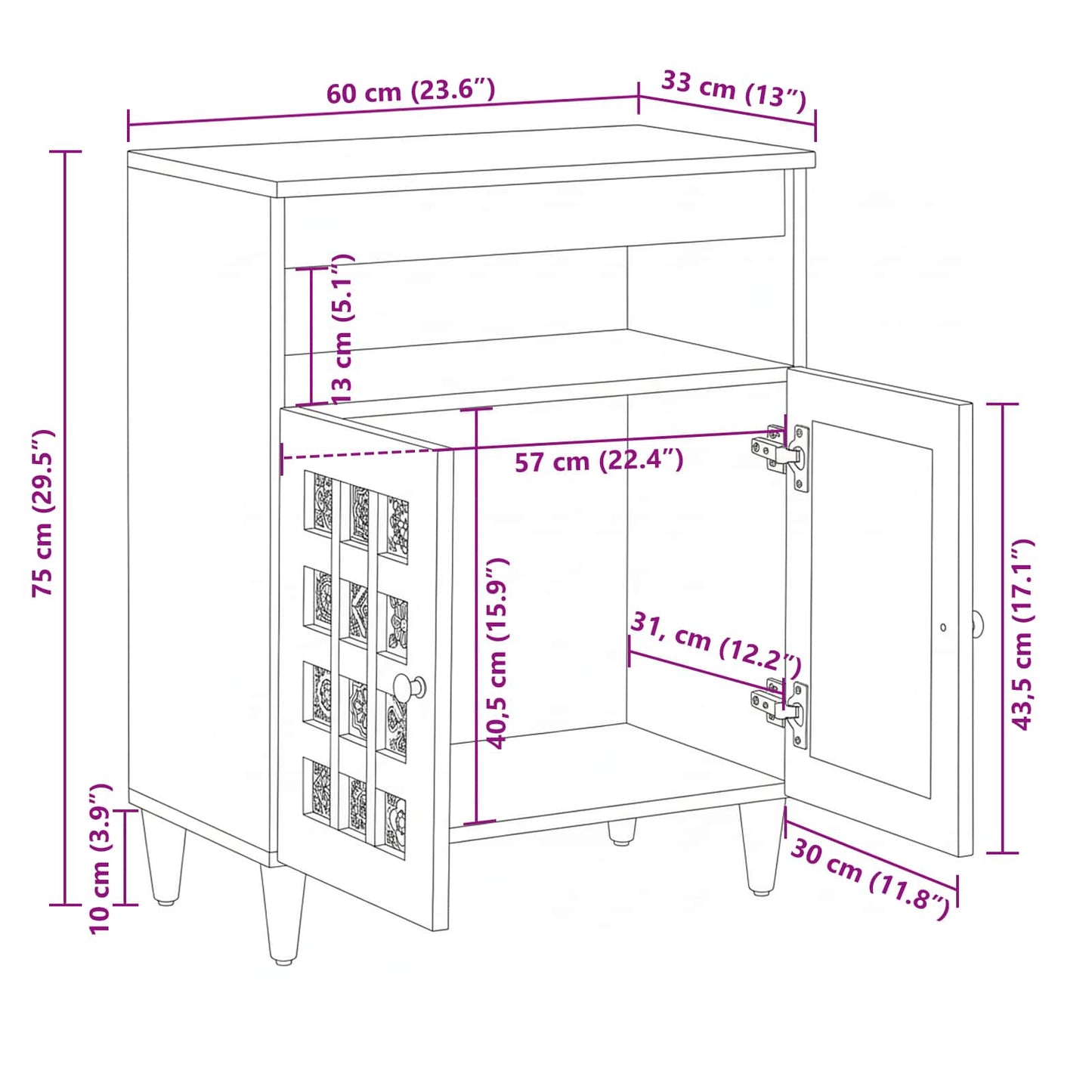 Sideboard Natural 60 x 33 x 75 cm Solid Mango Wood