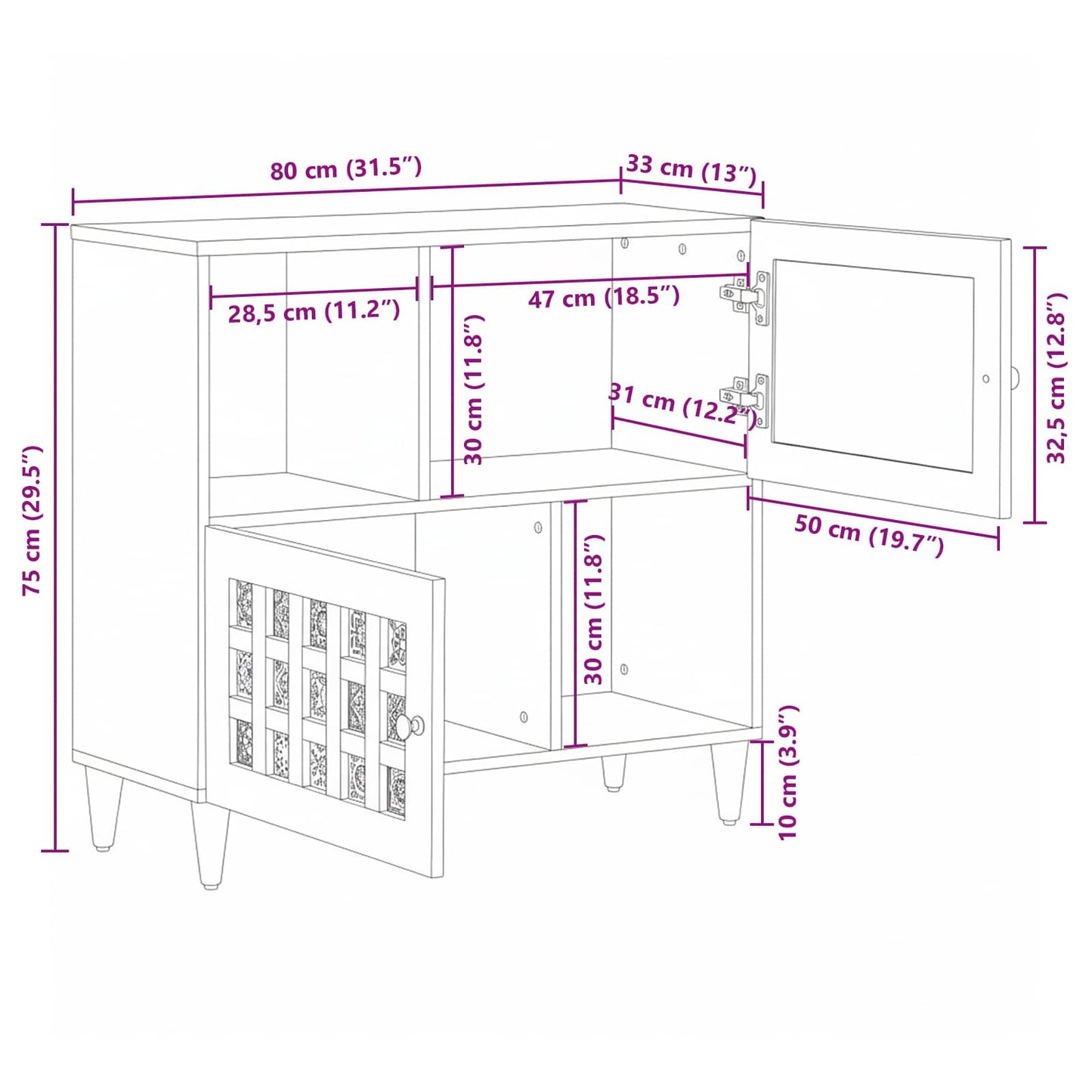 Sideboard with Storage Natural 80 x 33 x 75 cm Solid Mango Wood