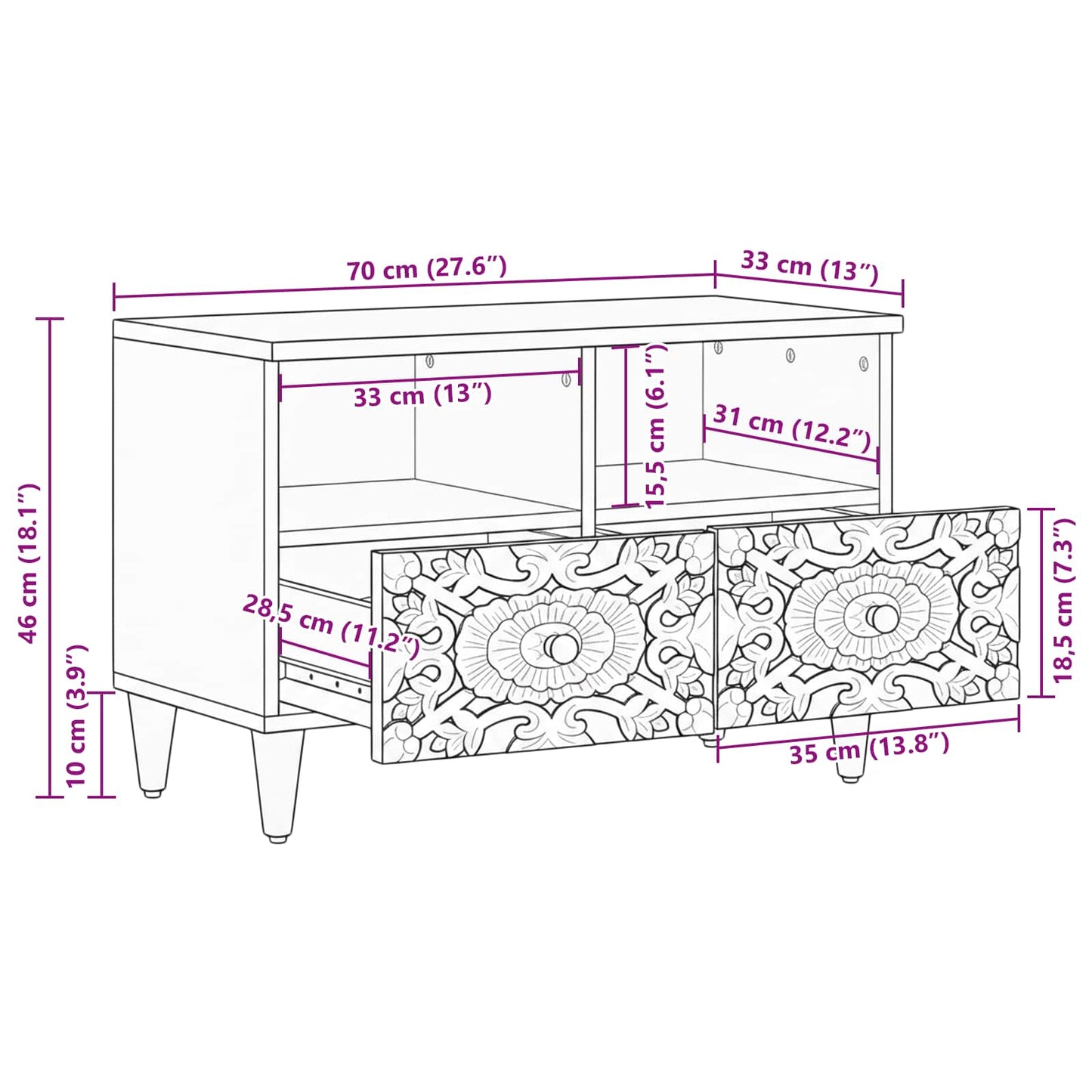TV Cabinet Brown 70 x 33.5 x 46 cm Solid Mango Wood