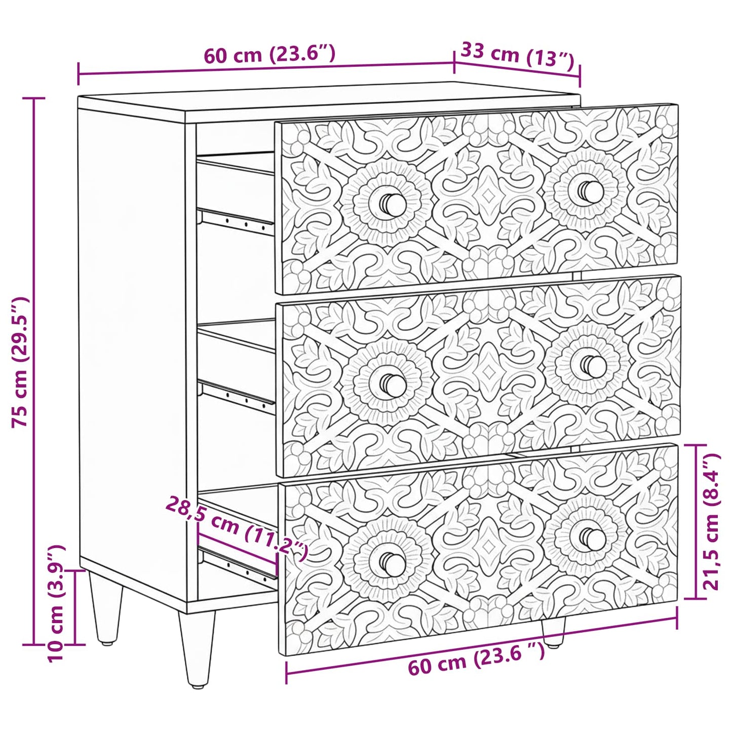 Storage Sideboard Brown 60 x 33.5 x 75 cm Solid Mango Wood