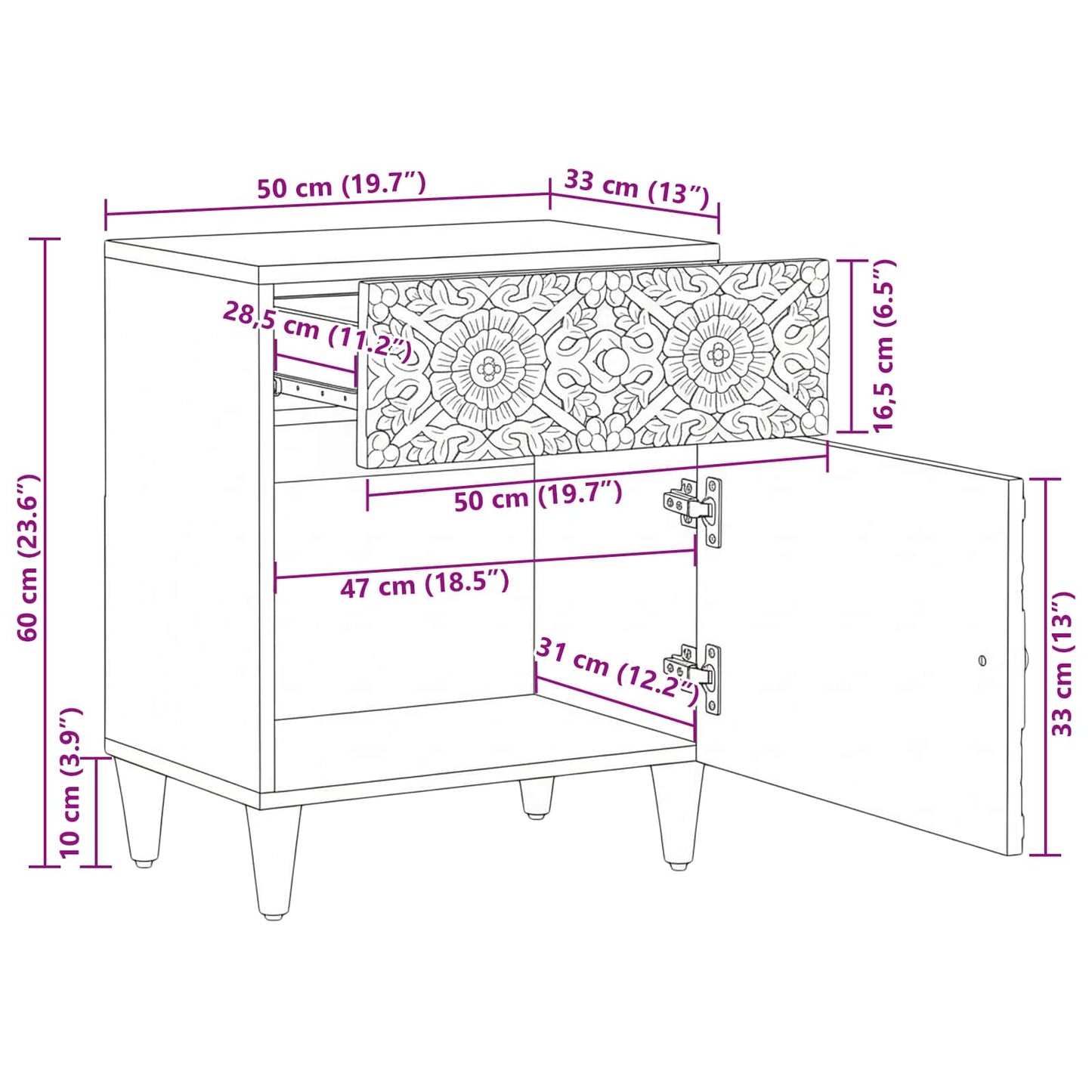 Bed cabinet with Drawer Brown 50 x 33 x 60 cm Solid Mango Wood