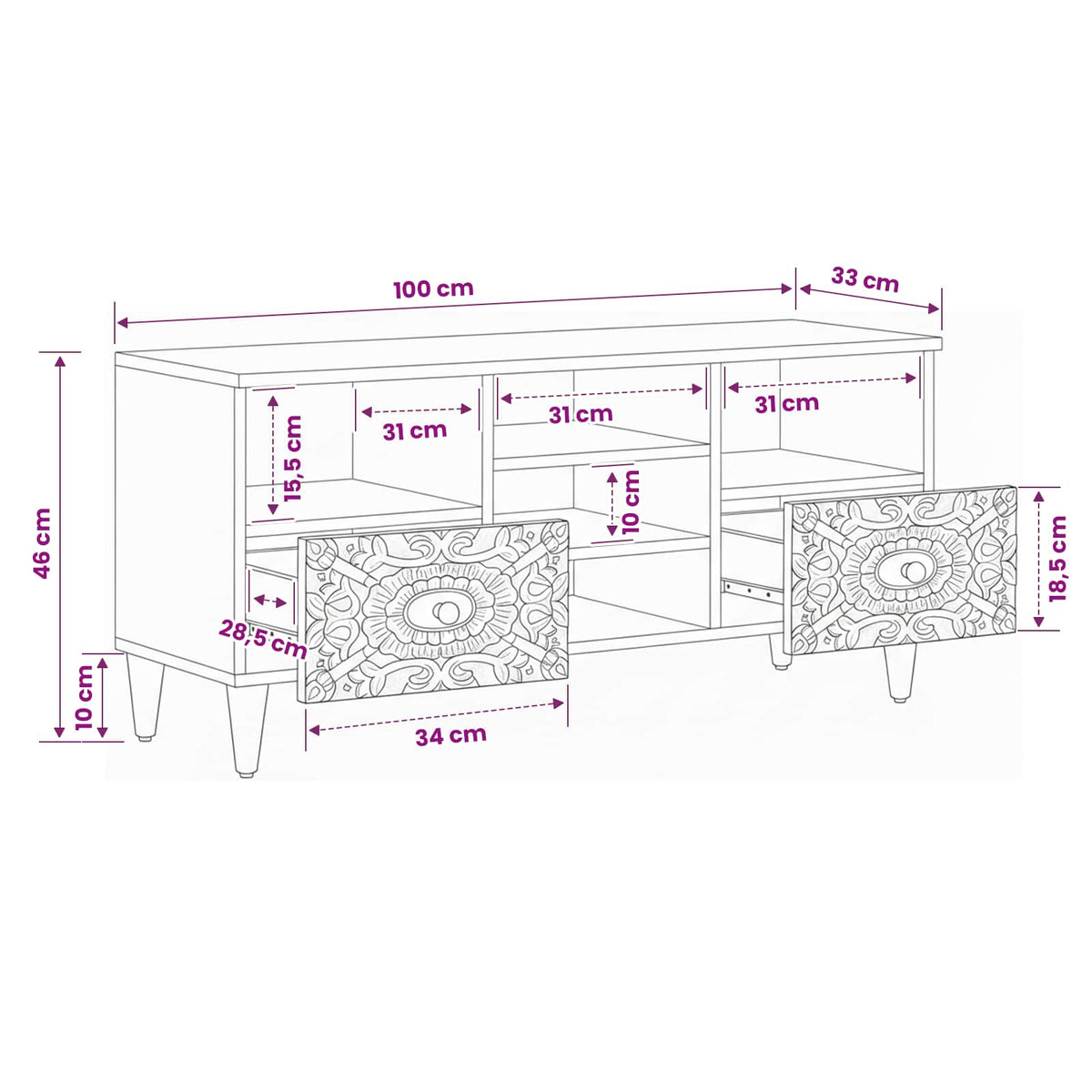 TV Cabinet with Shelf Brown 100 x 33.5 x 46 cm Solid Mango Wood