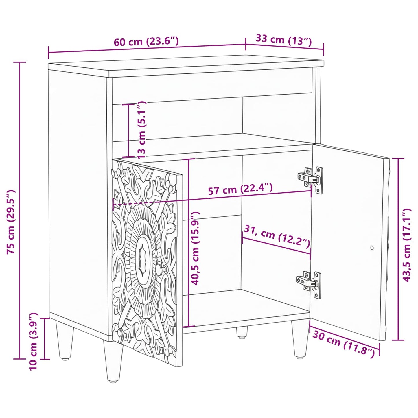 Sideboard with Storage Brown 60 x 33.5 x 75 cm Solid Mango Wood