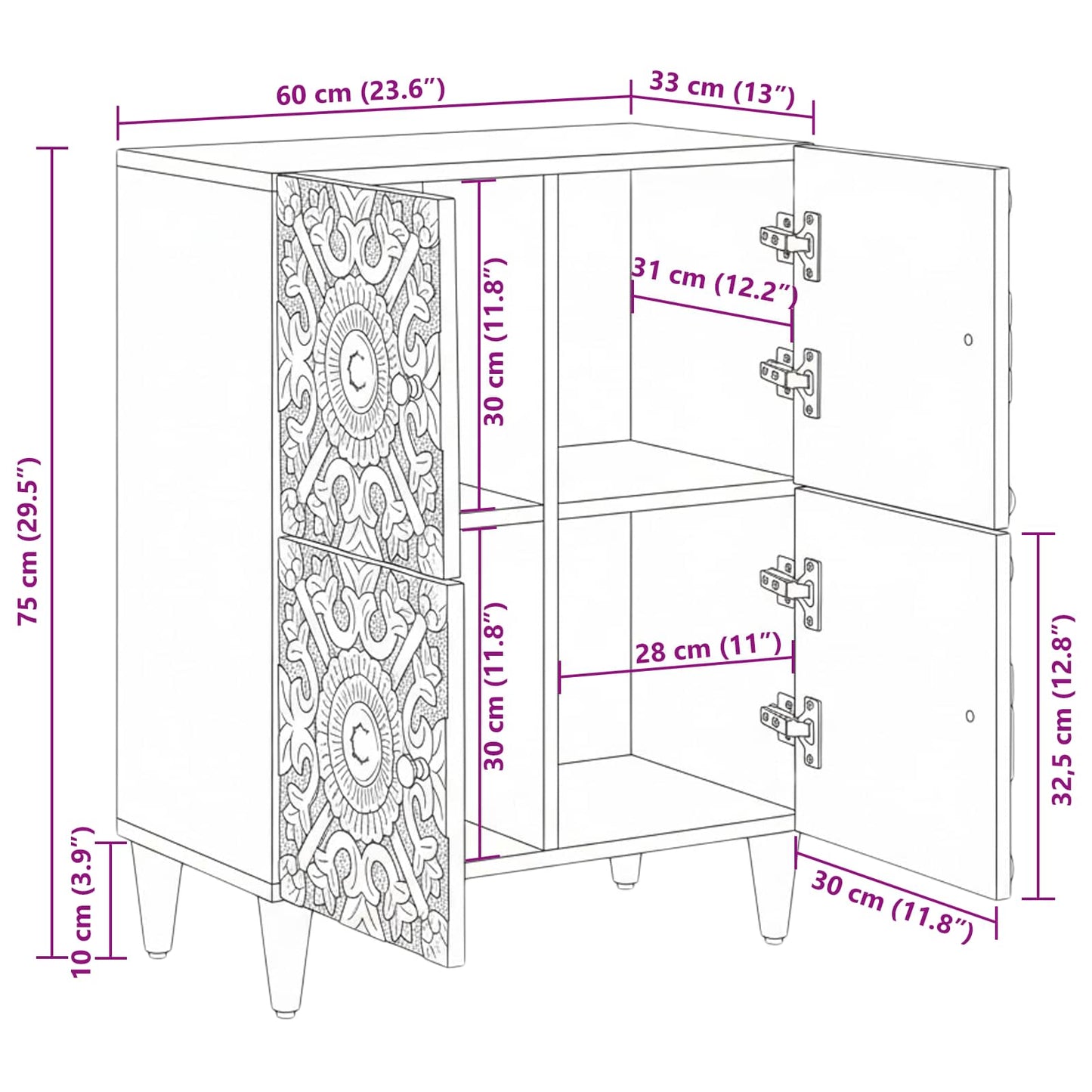 Sideboard with Storage Brown 60 x 33.5 x 75 cm Solid Mango Wood