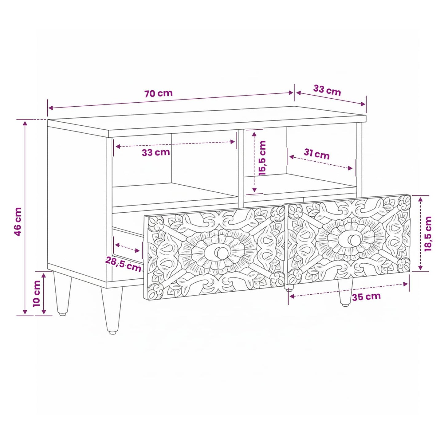 TV Cabinet White 70 x 33.5 x 46 cm Solid Mango Wood