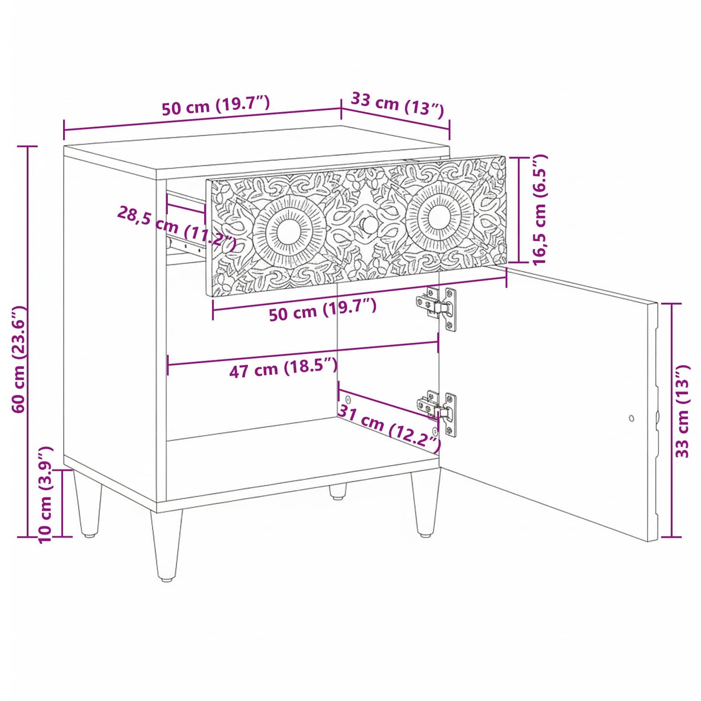 Bed cabinet with Drawer White 50 x 33 x 60 cm Solid Mango Wood