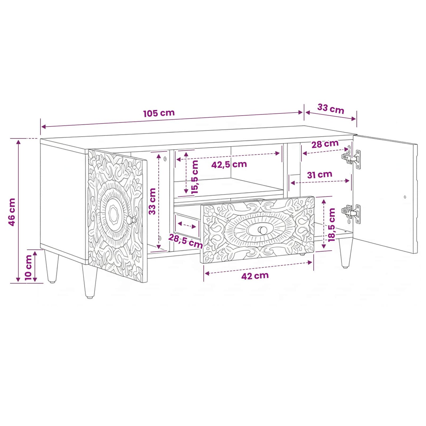 TV Cabinet White 105 x 33.5 x 46 cm Solid Mango Wood