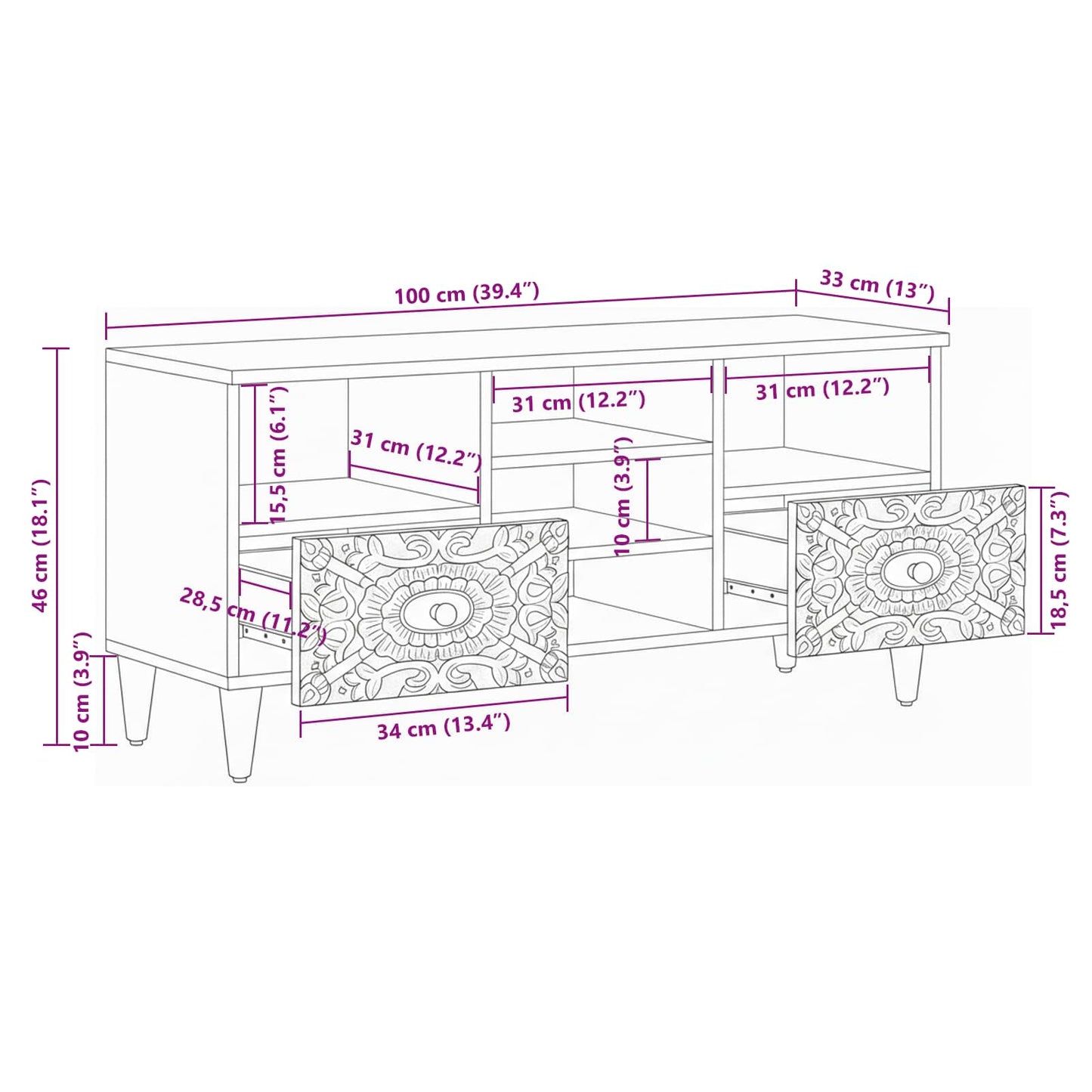 TV Cabinet with Shelf White 100 x 33.5 x 46 cm Solid Mango Wood