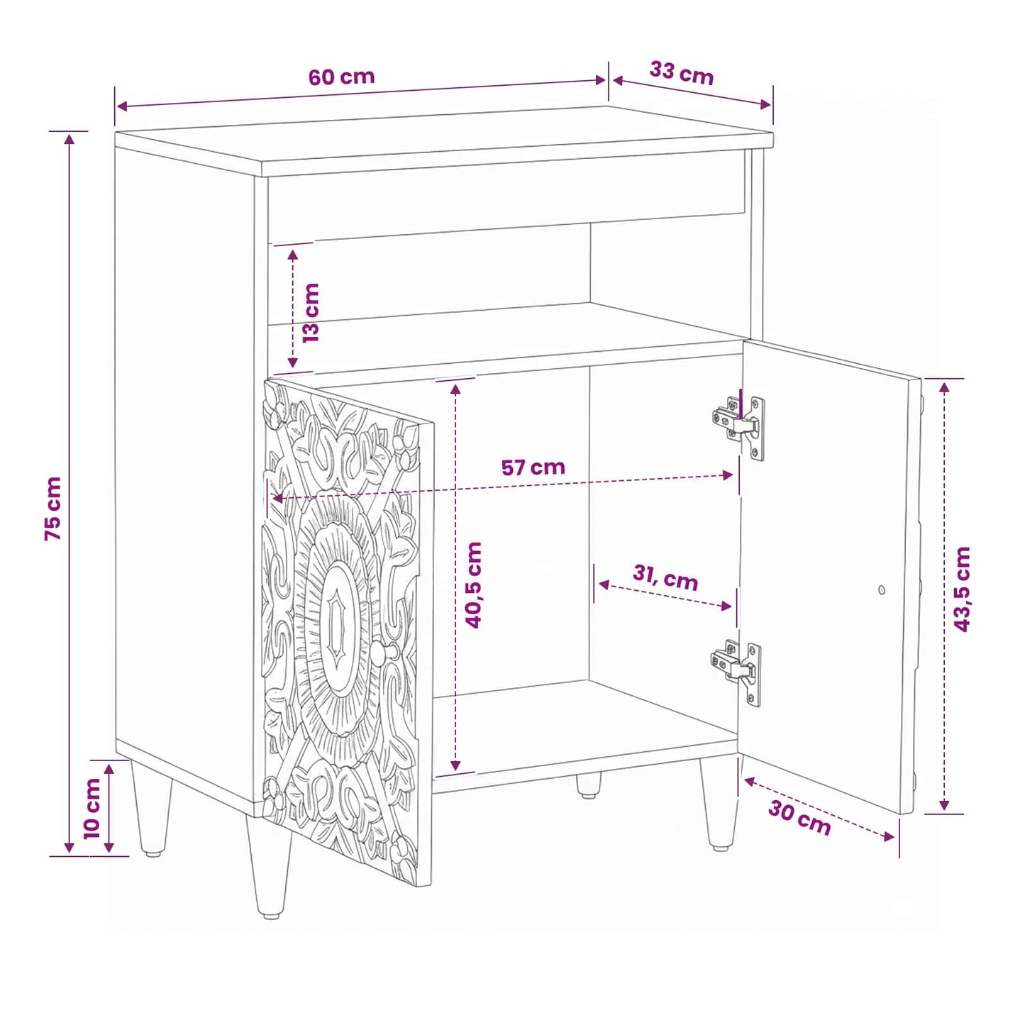 Sideboard with Storage White 60 x 33.5 x 75 cm Solid Mango Wood