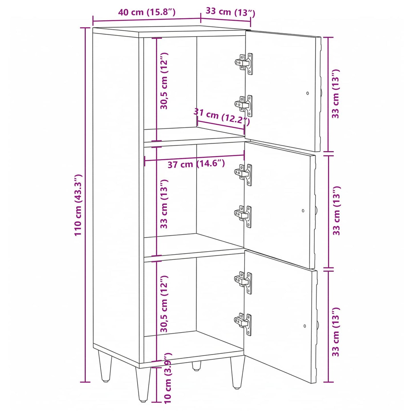 High Board with Shelf White 40 x 33.5 x 110 cm Solid Mango Wood
