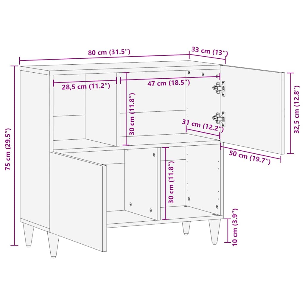 Sideboard Brown 80 x 33 x 75 cm Solid Mango Wood