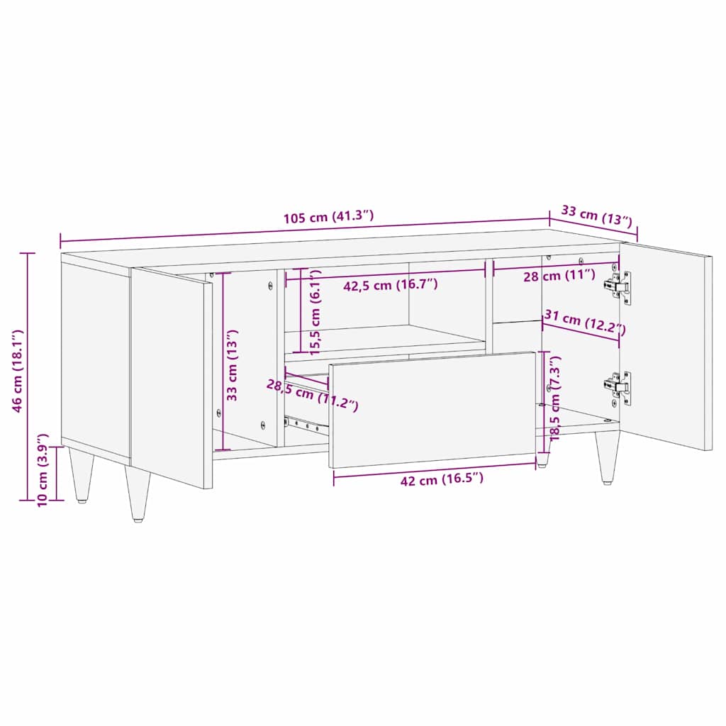 TV Cabinet with Drawer Black 105 x 33 x 46 cm Solid Mango Wood