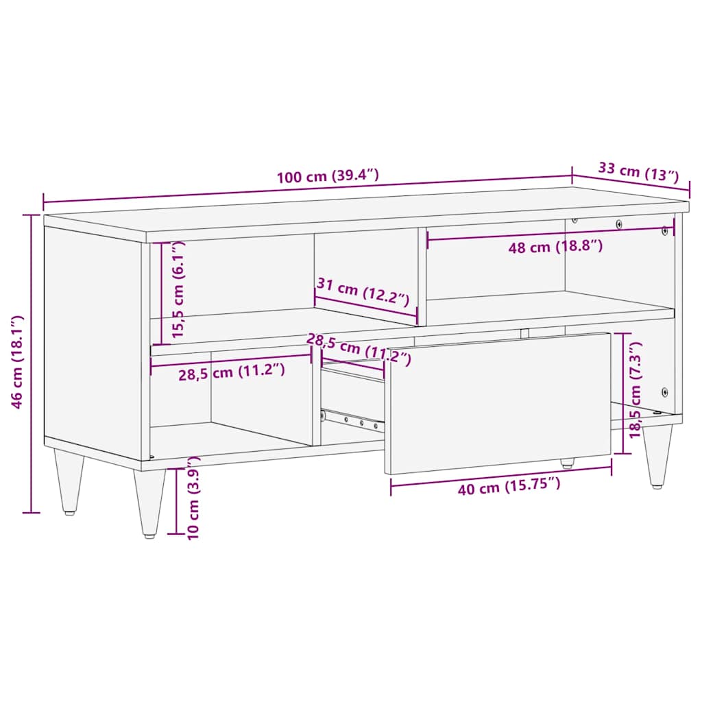 TV Cabinet with Drawer Black 100 x 33 x 46 cm Solid Mango Wood