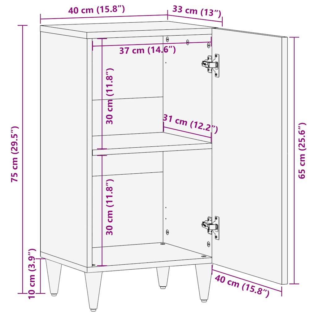 Sideboard with Shelf Black 40 x 33 x 75 cm Solid Mango Wood