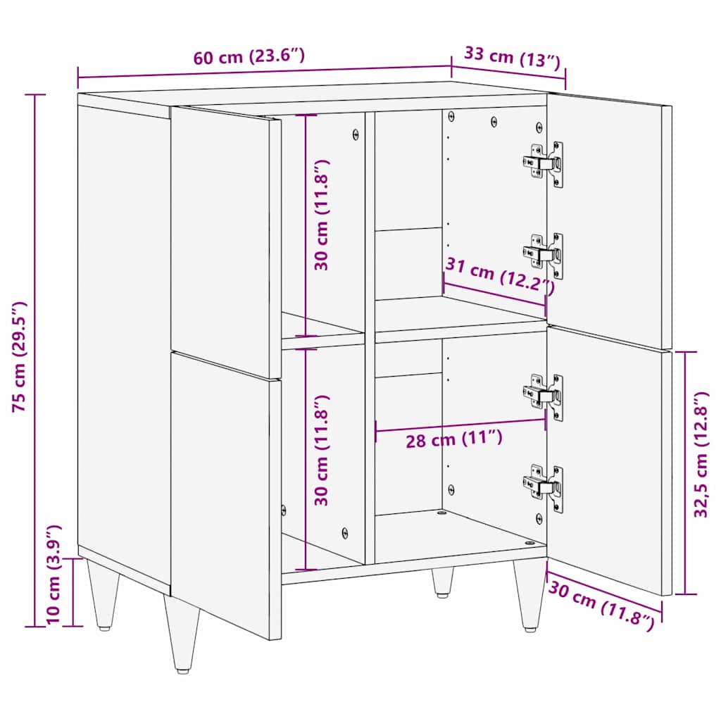 Sideboard with Shelf Black 60 x 33 x 75 cm Solid Mango Wood