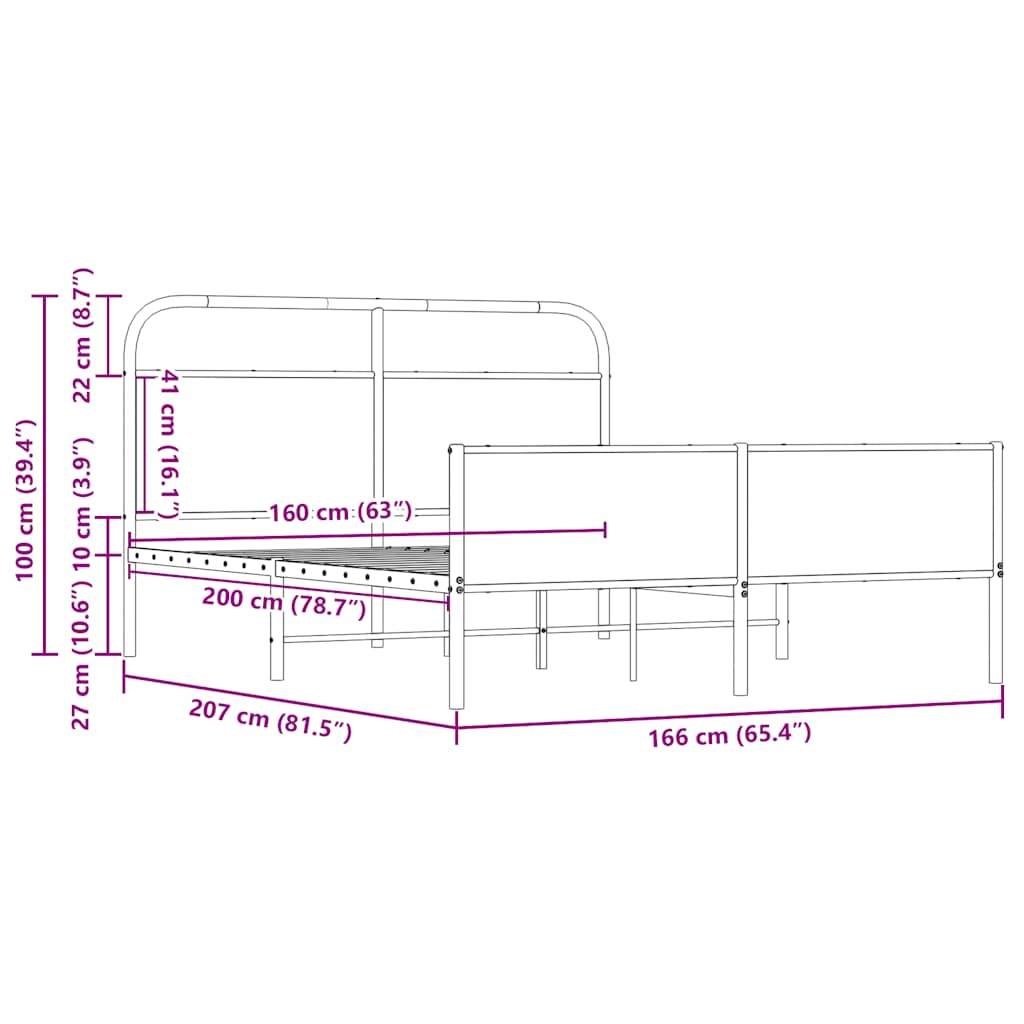 Metal Bed Frame without Mattress Sonoma Oak 160x200 cm