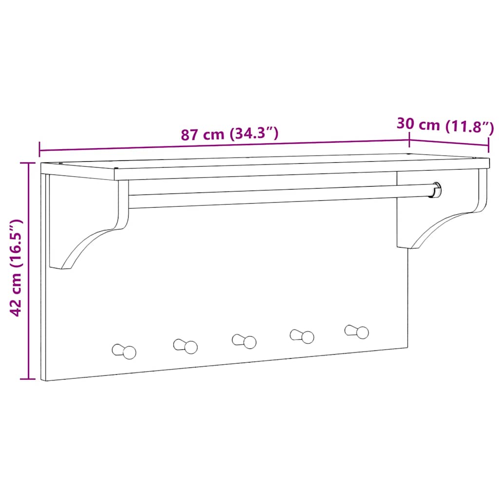 Wall-mounted Coat Rack SANDNES 87x30x42 cm Solid Wood Pine