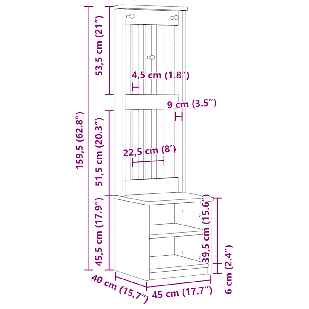 Hall Tree SANDNES White 45x40x159.5 cm Solid Wood Pine