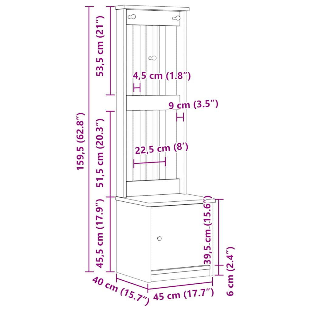 Hall Tree SANDNES 45x40x159.5 cm Solid Wood Pine