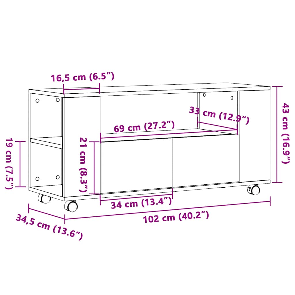 TV Cabinet with Wheels Old Wood 102x34.5x43 cm Engineered Wood