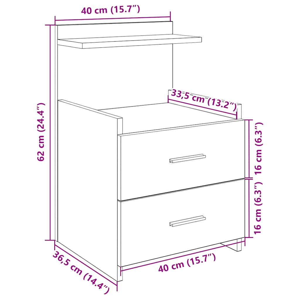 Bedside Cabinet with 2 Drawers White 40x36.5x62 cm
