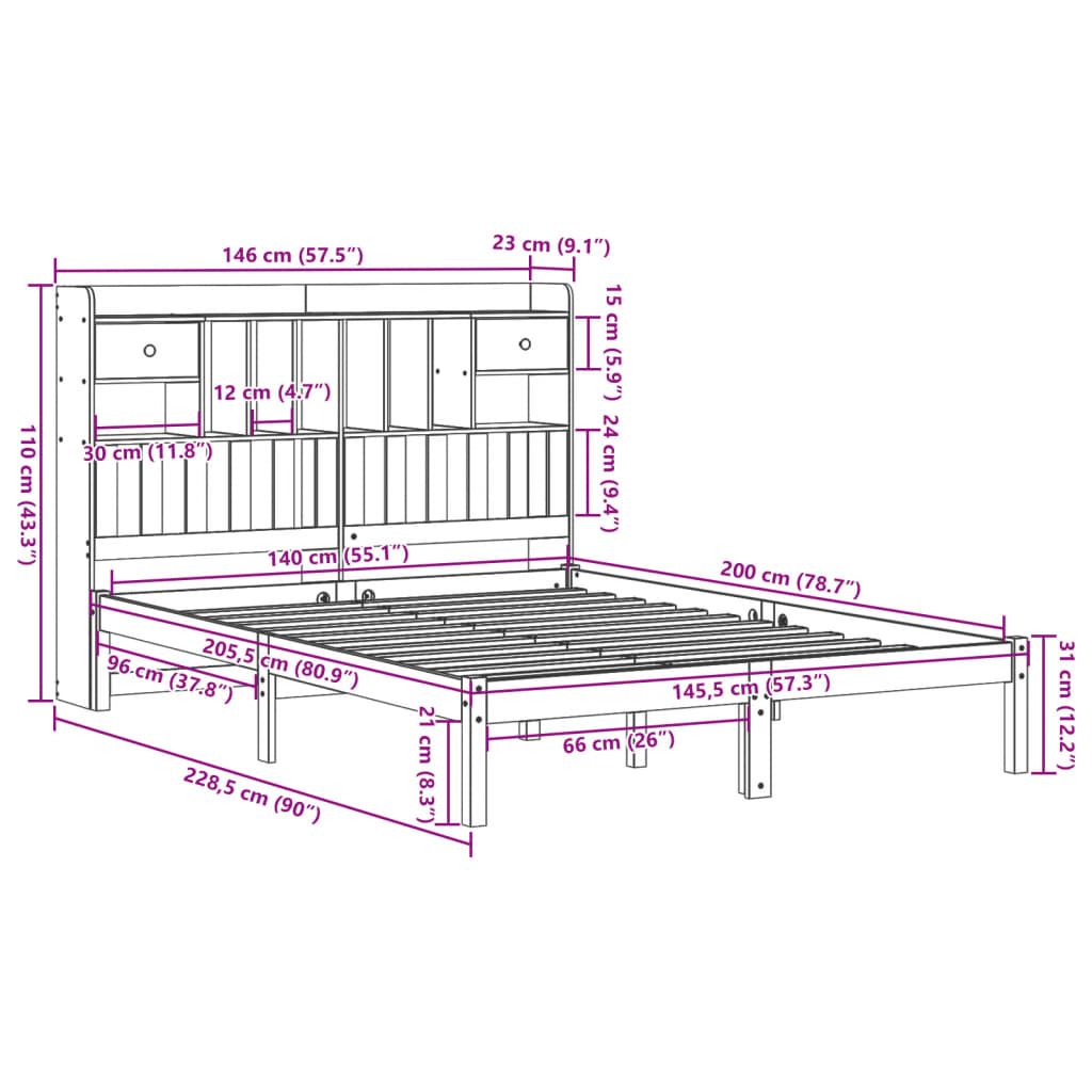 Bookcase Bed without Mattress White 140x200 cm Solid Wood Pine