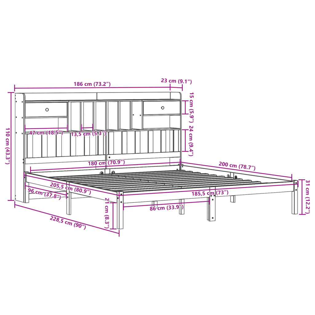 Bookcase Bed without Mattress White 180x200 cm Super King Solid Wood Pine