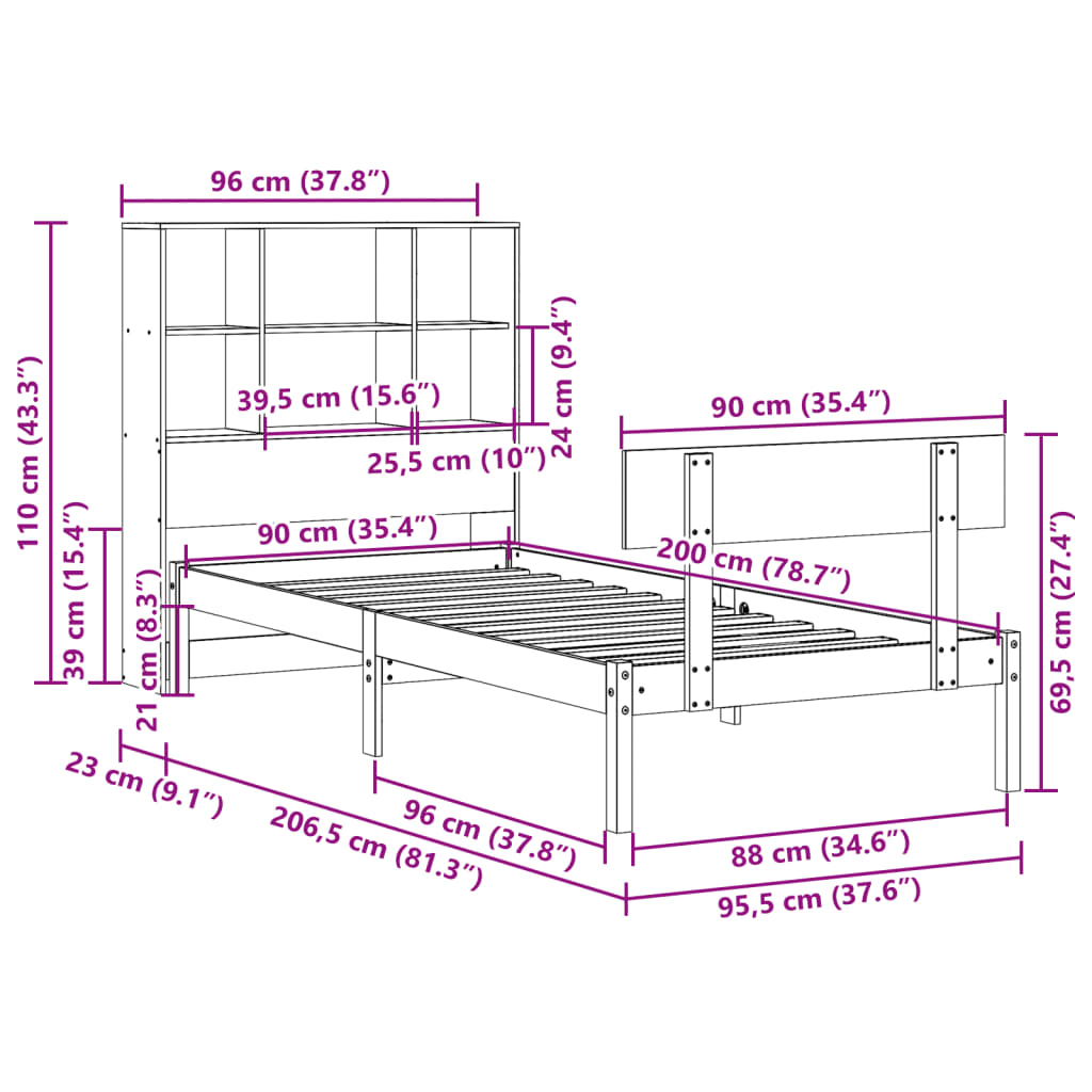 Bookcase Bed without Mattress 90x200 cm Solid Wood Pine