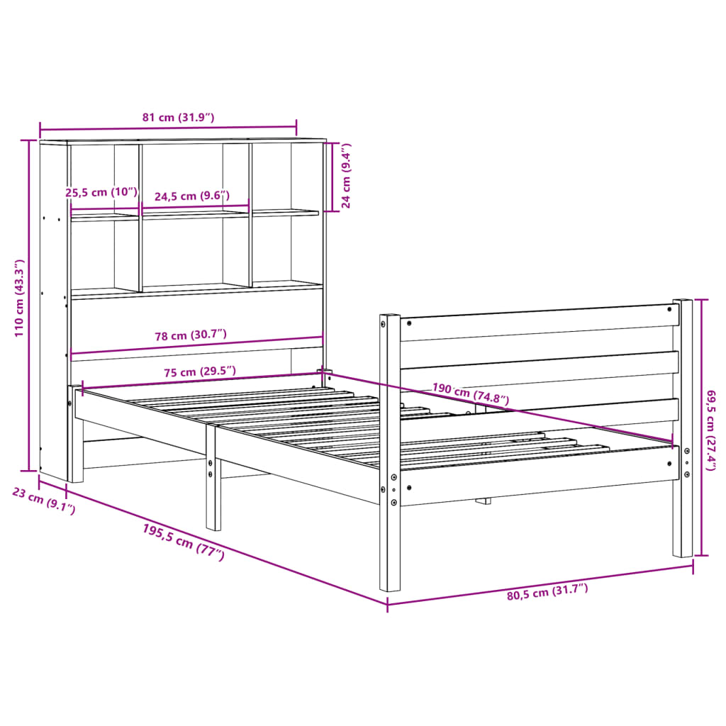 Bookcase Bed without Mattress Wax Brown 75x190 cm Small Single Solid Wood