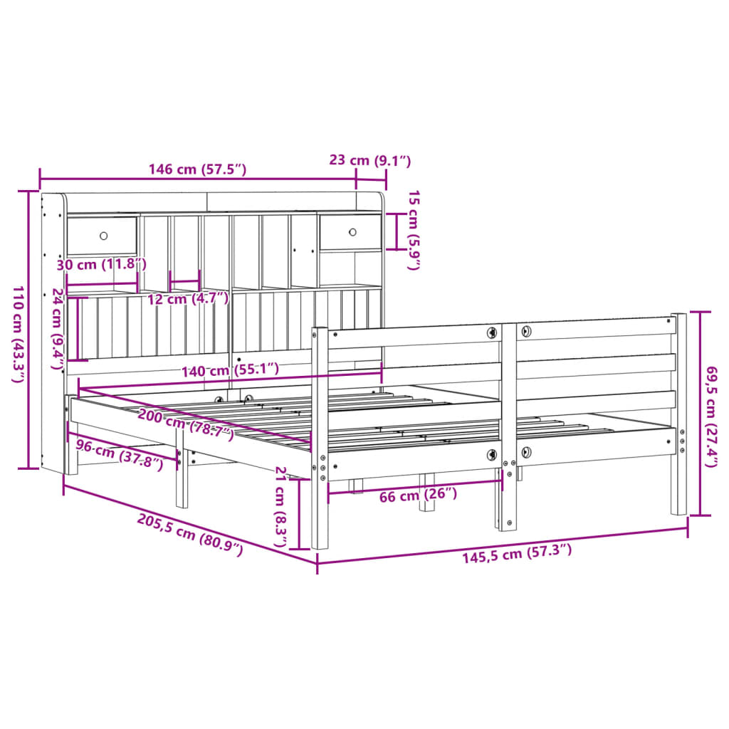 Bookcase Bed without Mattress White 140x200 cm Solid Wood Pine