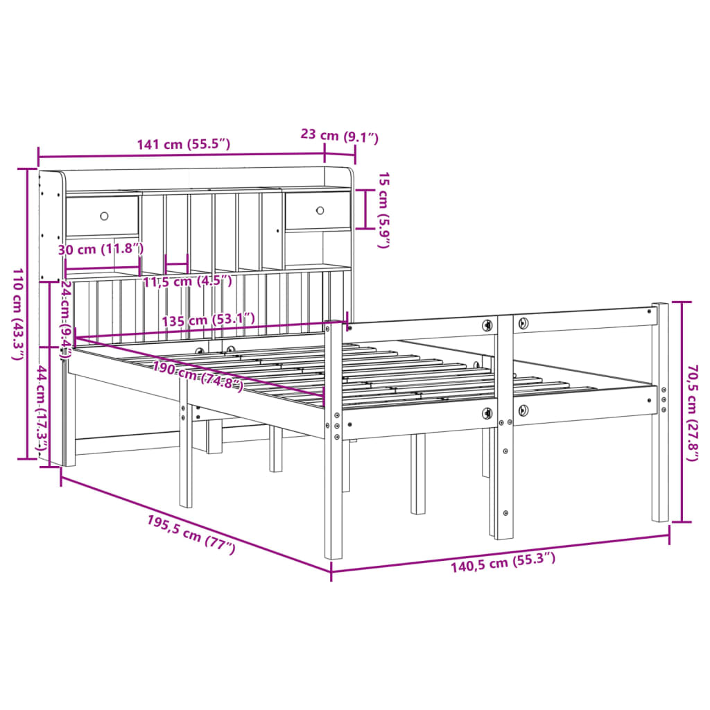 Bookcase Bed without Mattress 135x190 cm Doouble Solid Wood Pine