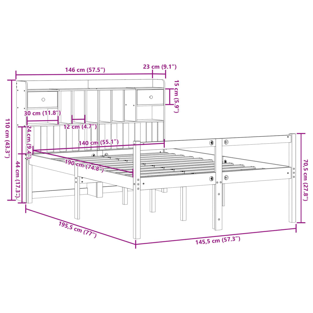 Bookcase Bed without Mattress White 140x190 cm Solid Wood Pine