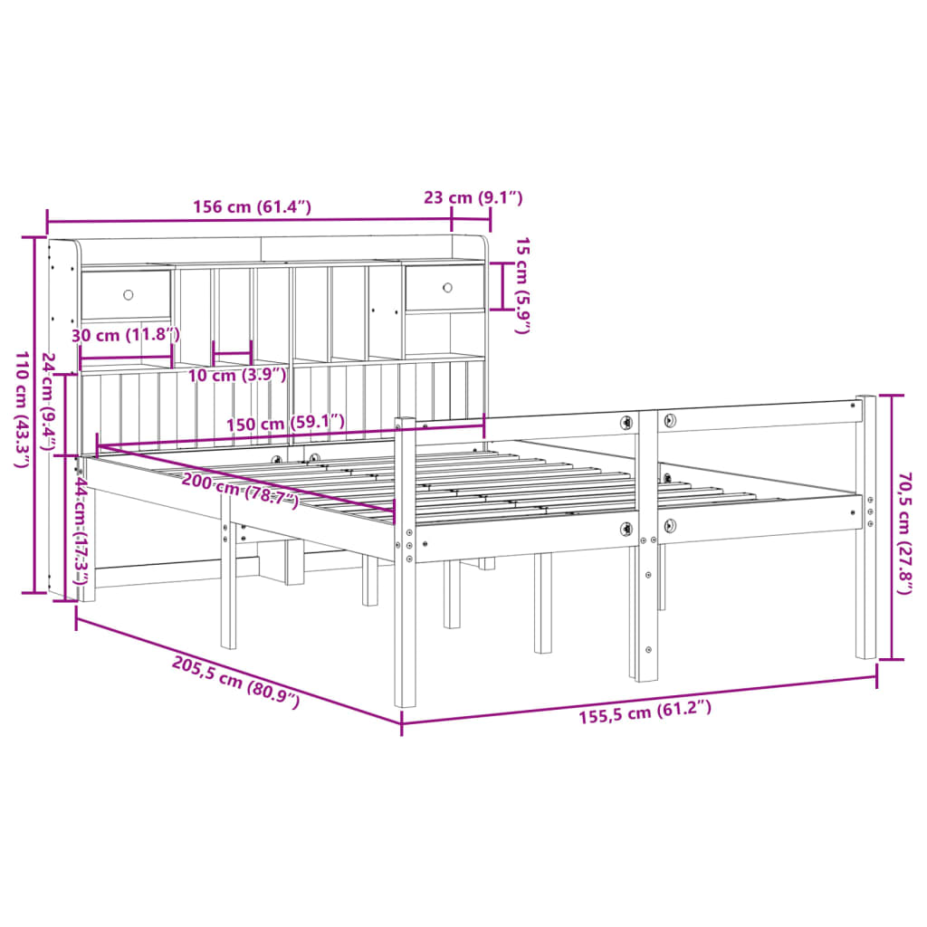 Bookcase Bed without Mattress Wax Brown 150x200 cm King Size Solid Wood Pine