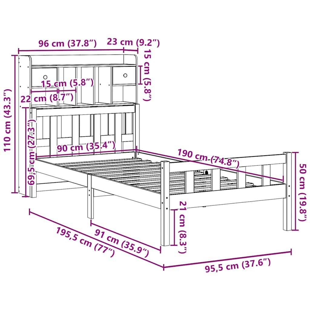 Bookcase Bed without Mattress 90x190 cm Single Solid Wood Pine
