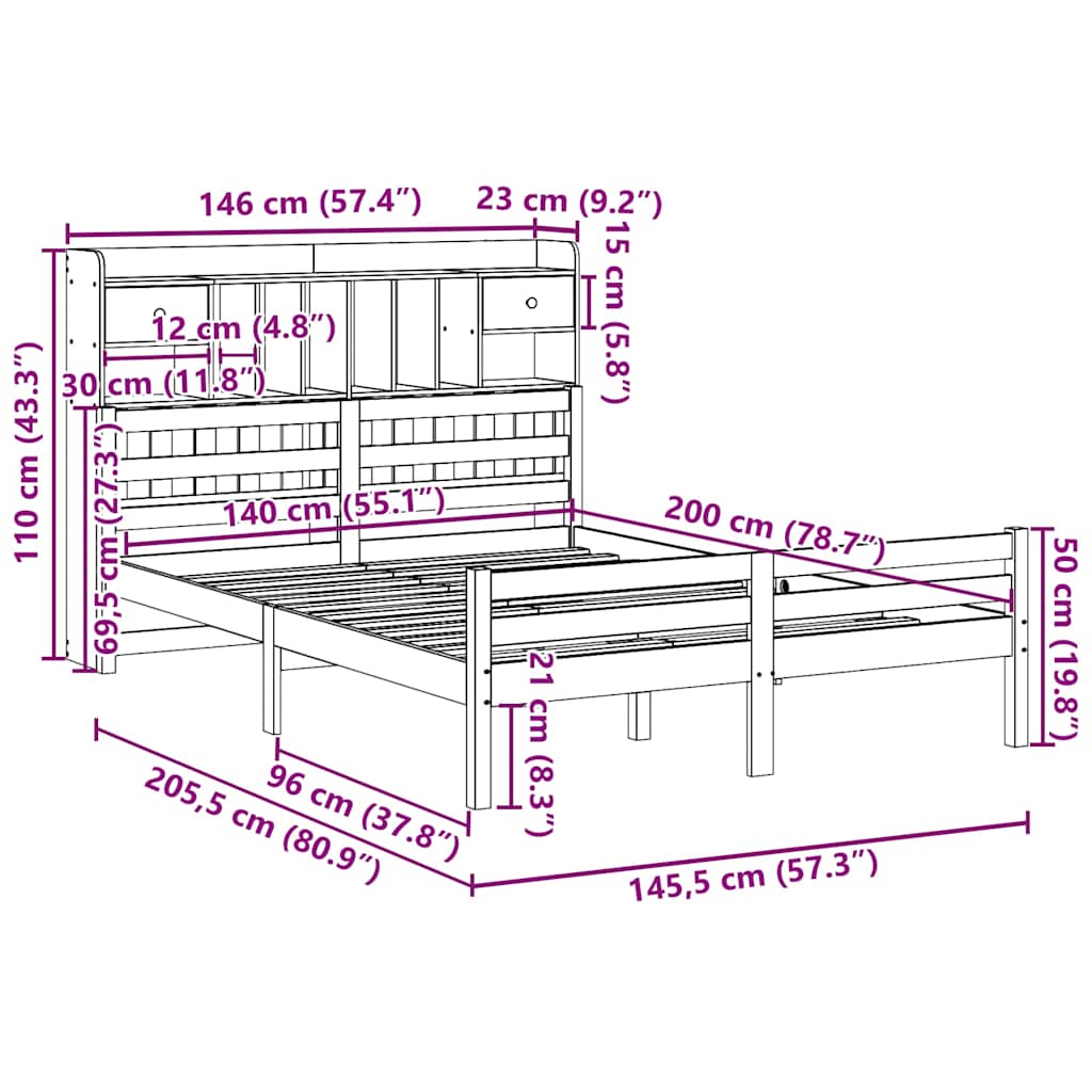 Bookcase Bed without Mattress White 140x200cm Solid Wood Pine