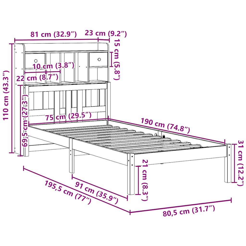 Bookcase Bed without Mattress 75x190 cm Small Single Solid Wood Pine