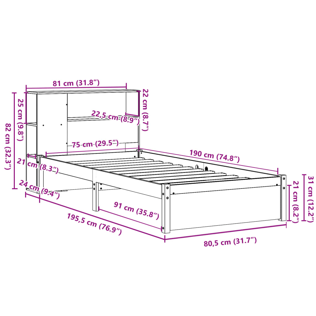 Bookcase Bed without Mattress 75x190cm Solid Wood Pine