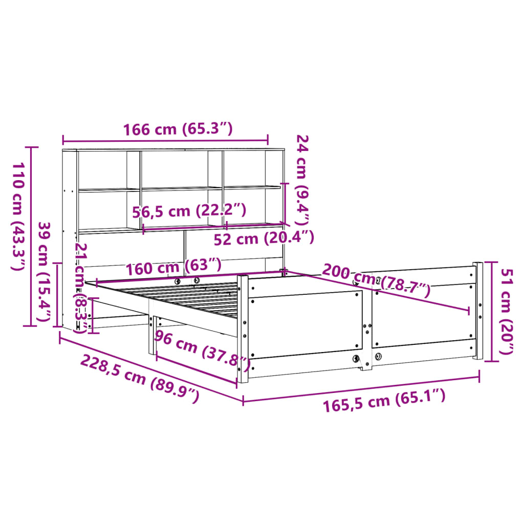 Bookcase Bed without Mattress White 160x200cm Solid Wood Pine
