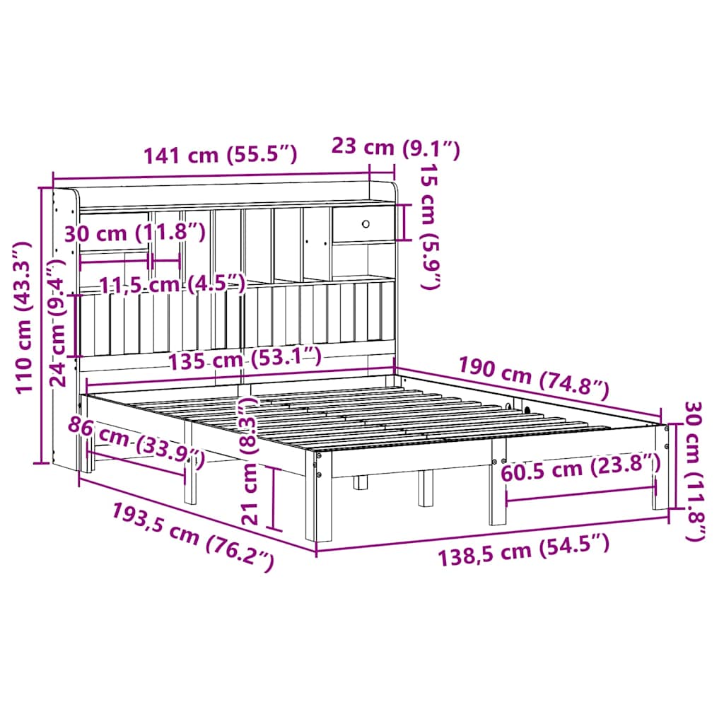 Bookcase Bed without Mattress White 135x190cm Solid Wood Pine