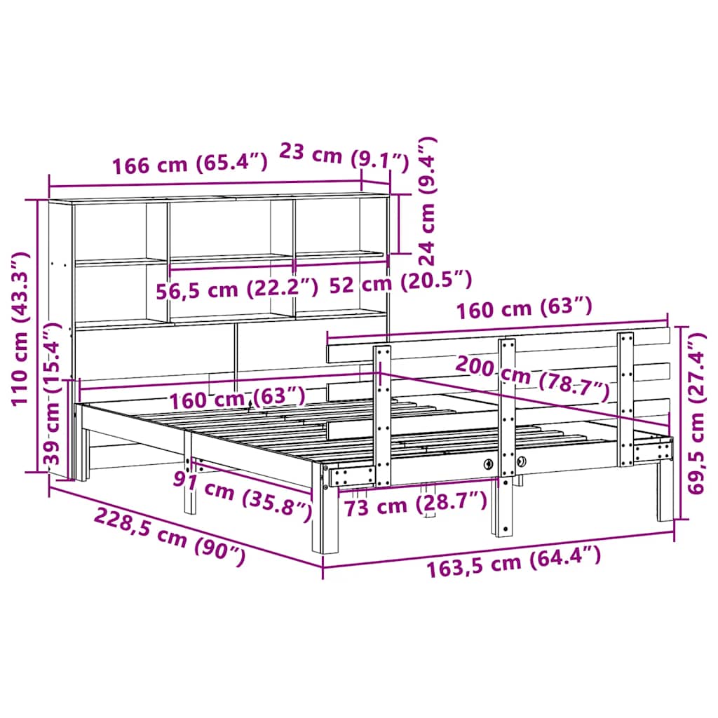 Bookcase Bed without Mattress White 160x200cm Solid Wood Pine