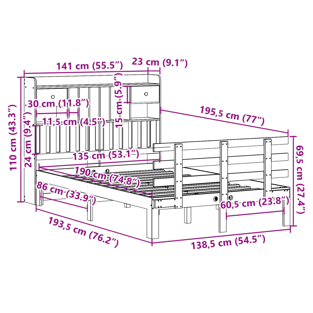 Bookcase Bed | Natural wood | Solid pinewood | Double | Bookcase Bed