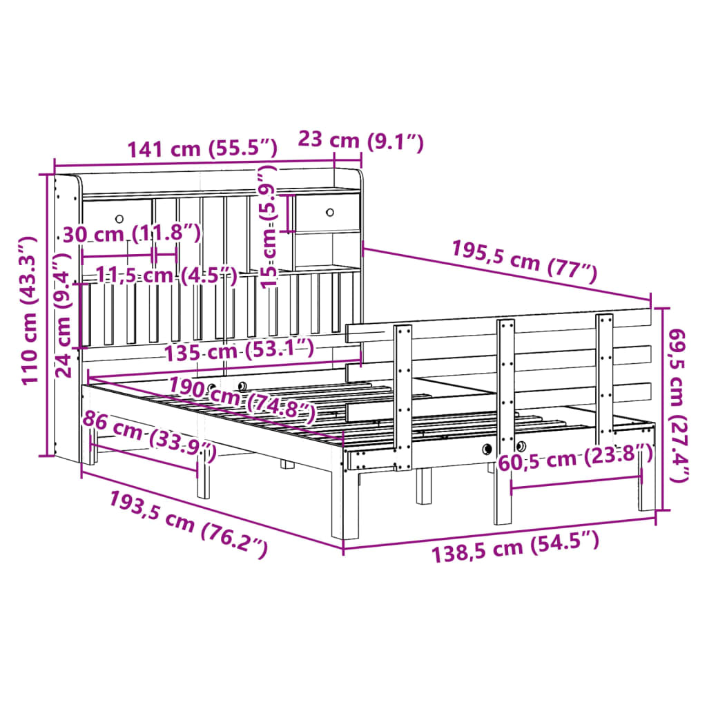 Bookcase Bed without Mattress White 135x190 cm Double Solid Wood Pine